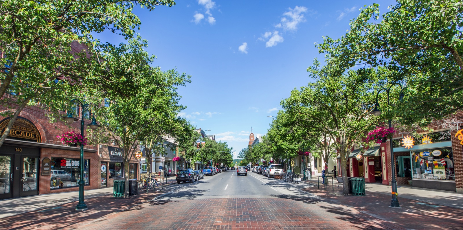 Tree-lined downtown Traverse City street with historic brick storefronts and hanging flower baskets