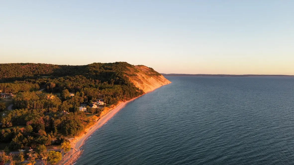 Scenic aerial view of Glen Haven and the Sleeping Bear Dunes coastline